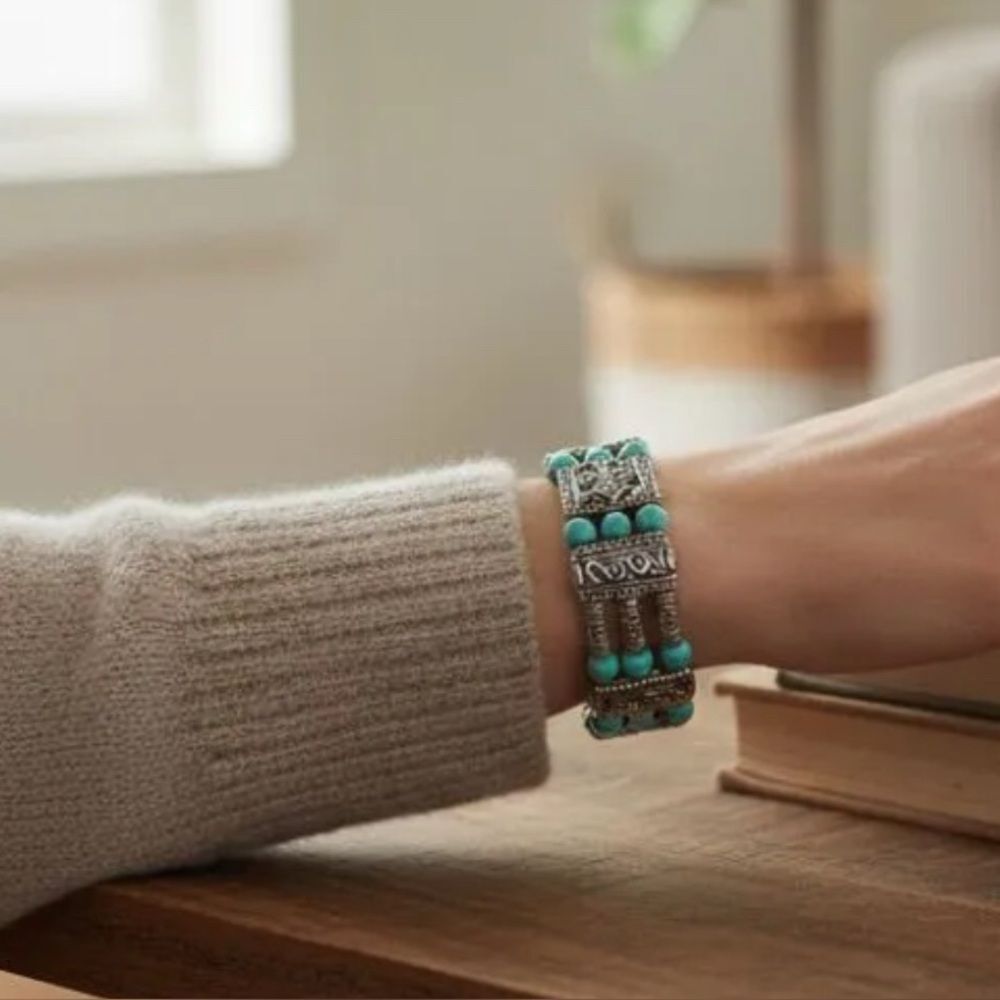 Southwestern Multi-Strand Turquoise Bead & Silver-Tone Panel Bracelet Boho